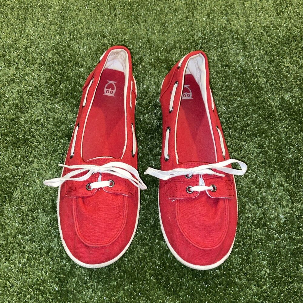 🦉 Owl Women's Size 9 Red Canvas Boat Shoes Slip On Laces